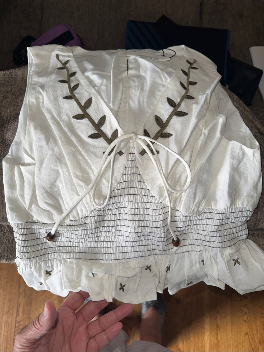White Embroidered V-Neck Tie-Front Crop Top comes new in bag
